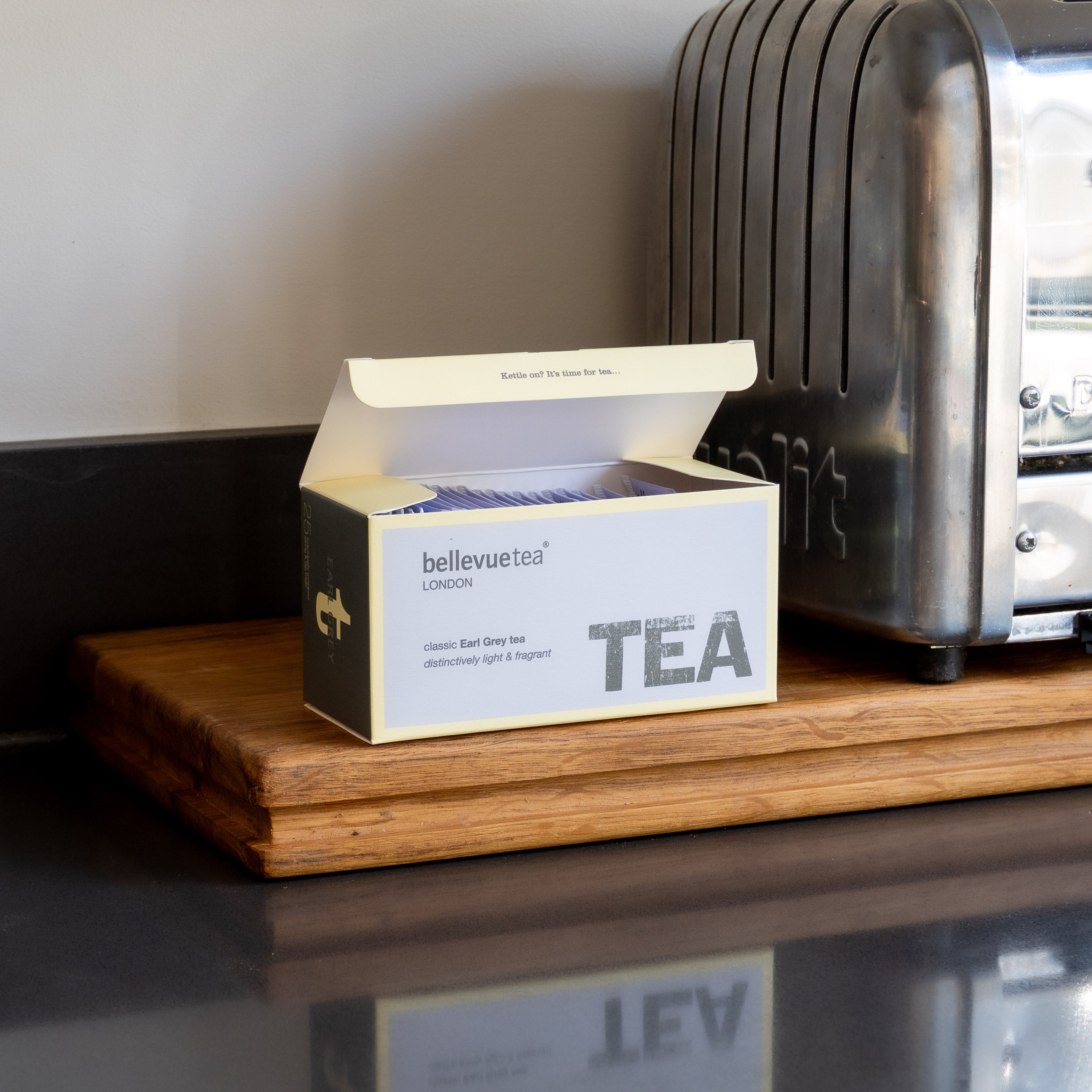 Bellevue Tea Earl Grey Tea Bags in Kitchen – Aromatic Bergamot Black Tea 25 Pack