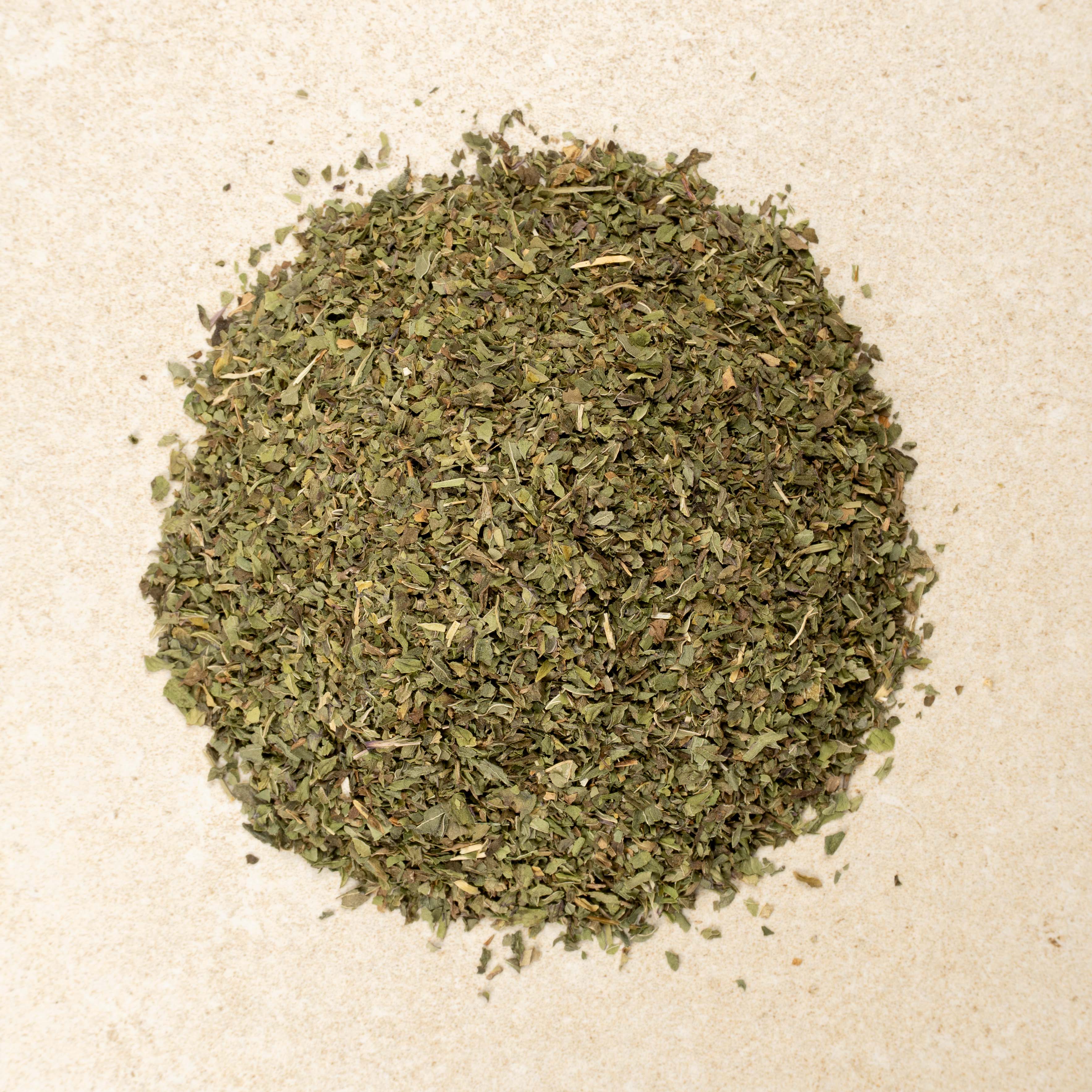 Bellevue Tea whole leaf Egyptian peppermint, overhead view of the dried loose leaf