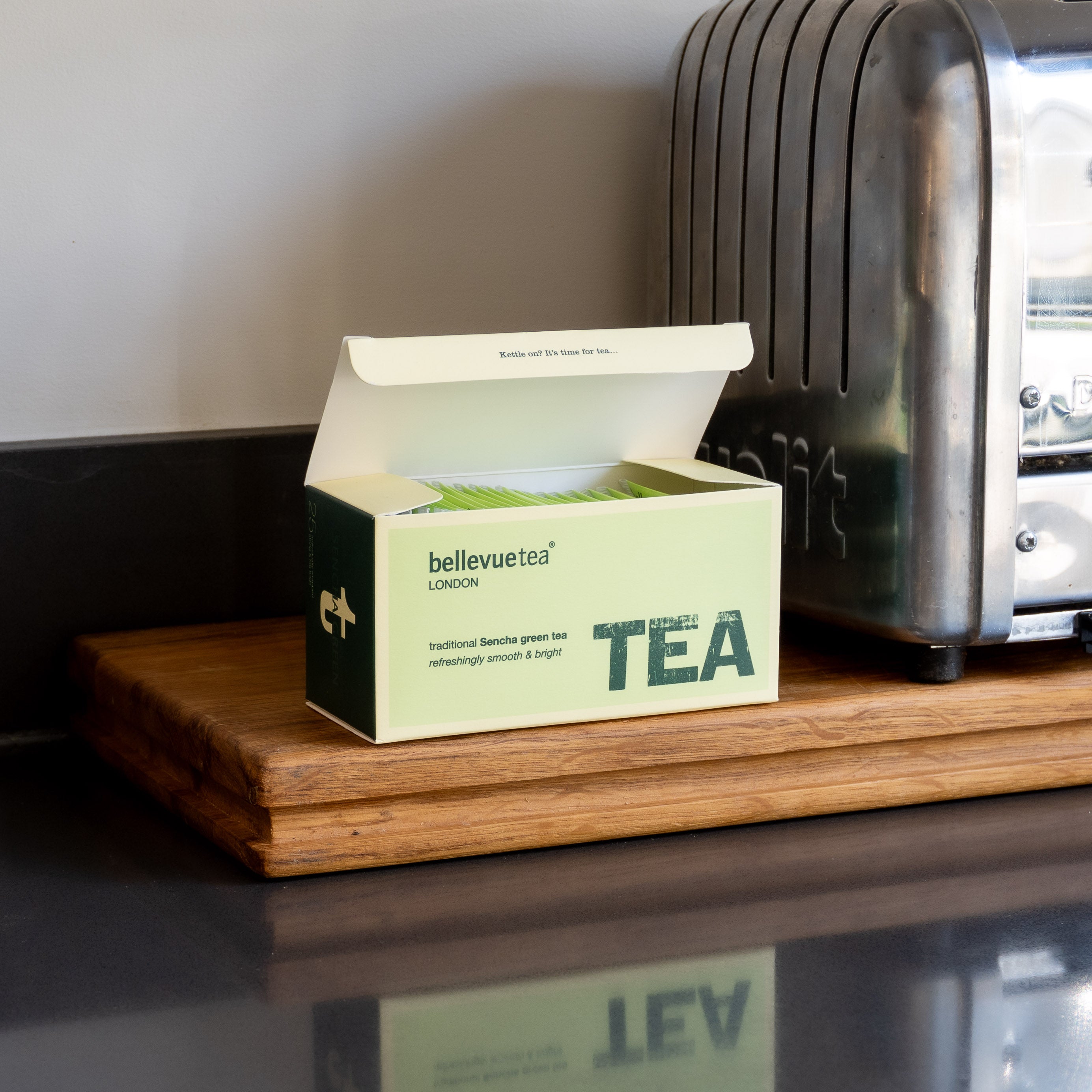 Bellevue Tea Sencha Green Tea Bags in Kitchen – Japanese Antioxidant Green Tea 25 Pack