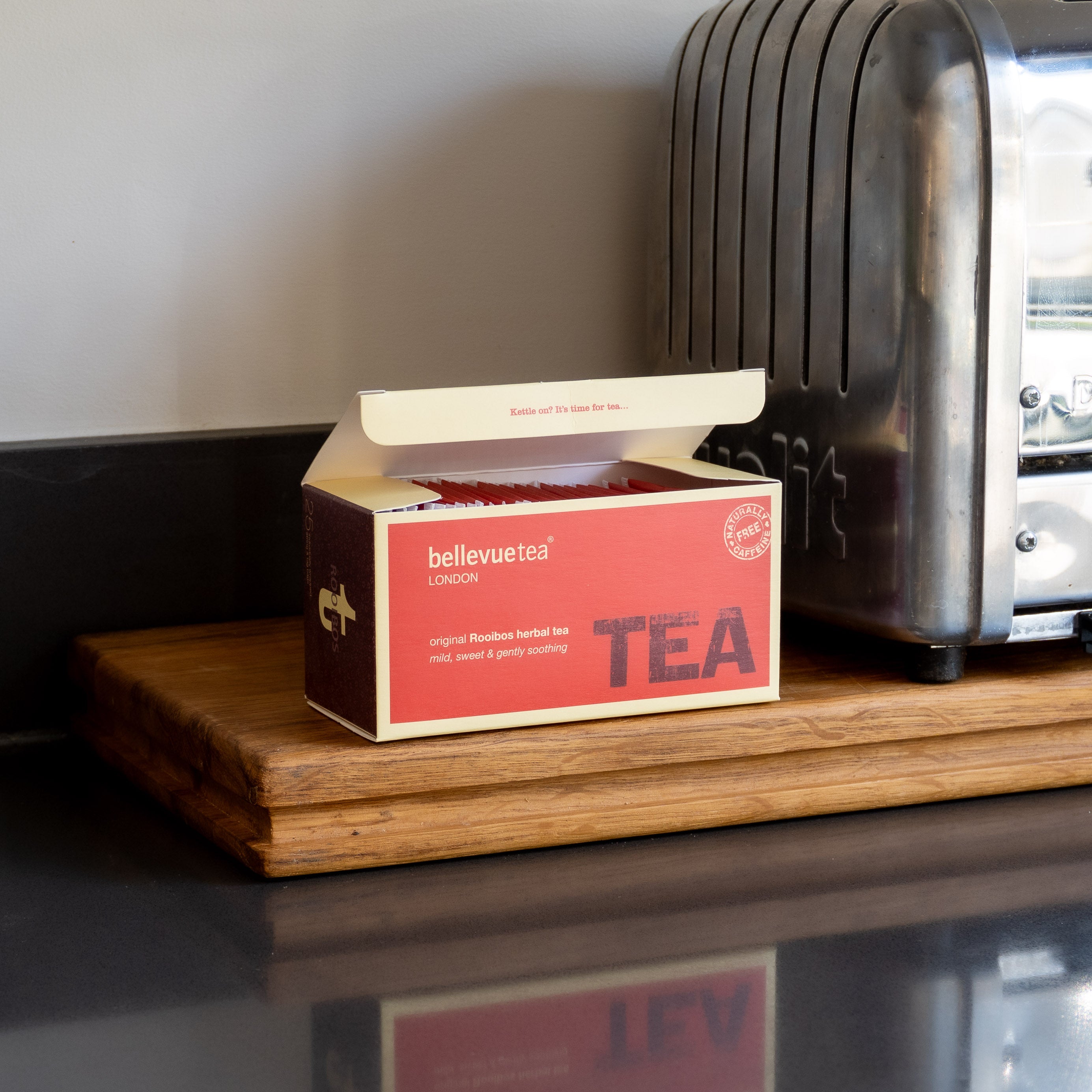 Bellevue Tea Rooibos Herbal Tea Bags in Kitchen – Caffeine-Free Red Bush Infusion 25 Pack